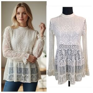 Hinge Boho Peplum Lace Top Size Small Cream Babydoll Romantic Fairy Ethereal